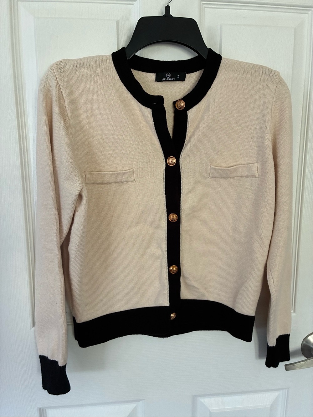 LILLUSORY Cream Black Contrast Trim Gold Button Cardigan Size M
